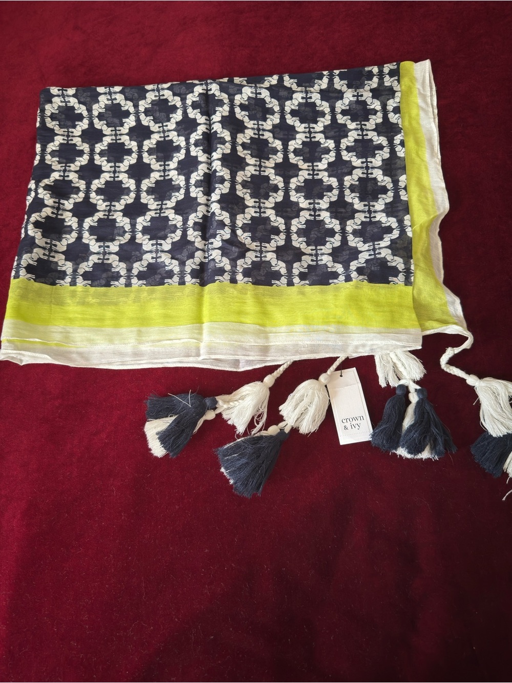 Crown & ivy Navy, Lime and White Geometric Tassel Scarf size L Brand New